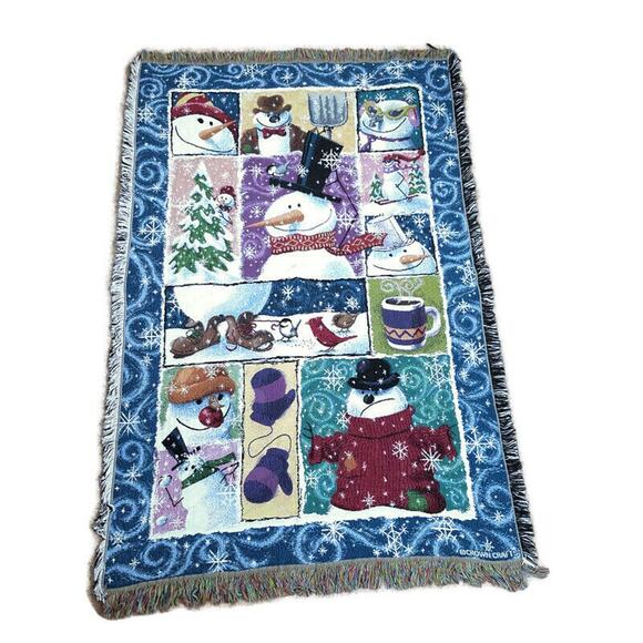 Crown Crafts Tapestry Throw Blanket 42x64 Snowmen Fringed Blue Multicolor Winter - Picture 1 of 6